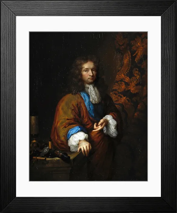 Framed Print : Portrait of Constantijn Huygens Junior (1628-1697), beside a group of microscopes. Creator: Netscher, Caspar (1639-1684) Framed Print : Portrait of Constantijn Huygens Junior (1628-1697), beside a group of microscopes. Creator: Netscher, Caspar (1639-1684)