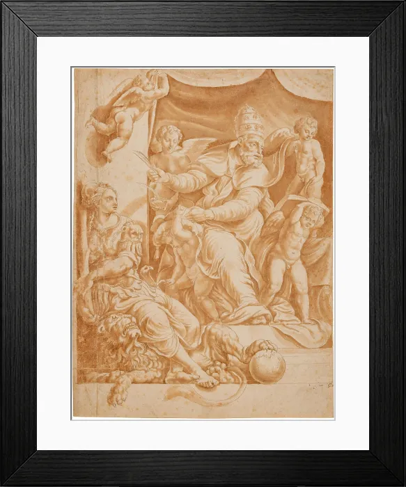 Framed Print : Pope Sylvester with surrounding putti and Allegory of Fortitude. Creator: Romano, Giulio, (after) Framed Print : Pope Sylvester with surrounding putti and Allegory of Fortitude. Creator: Romano, Giulio, (after)
