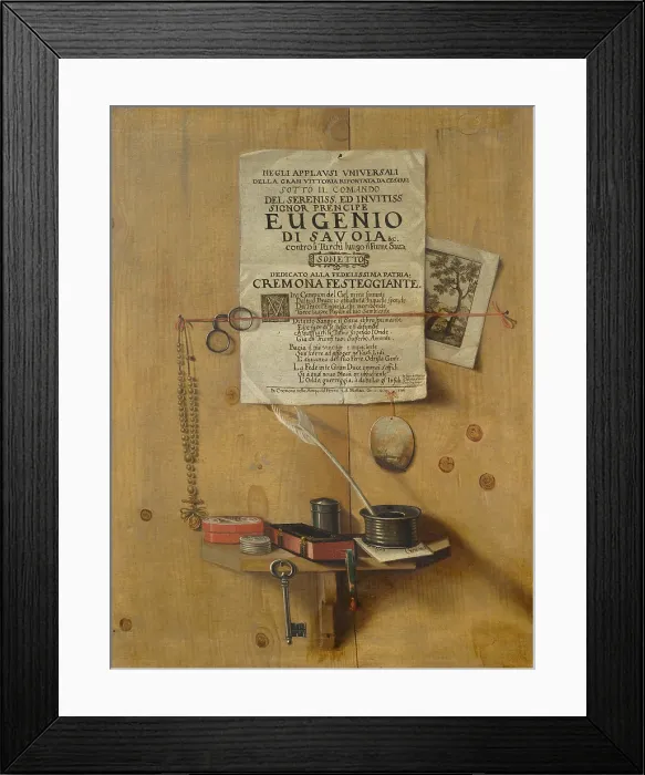 Framed Print : Trompe-l'oeil with a poem and writing utensils. Creator: Gianlisi, Antonio, the Younger (1677-1727). Trompe-l'oeil with a poem and writing utensils Framed Print : Trompe-l'oeil with a poem and writing utensils. Creator: Gianlisi, Antonio, the Younger (1677-1727). Trompe-l'oeil with a poem and writing utensils