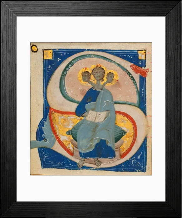 Framed Print : Initial 'S' with miniature of the Trinity as singer with three heads, before 1400. Creator: Anonymous Framed Print : Initial 'S' with miniature of the Trinity as singer with three heads, before 1400. Creator: Anonymous