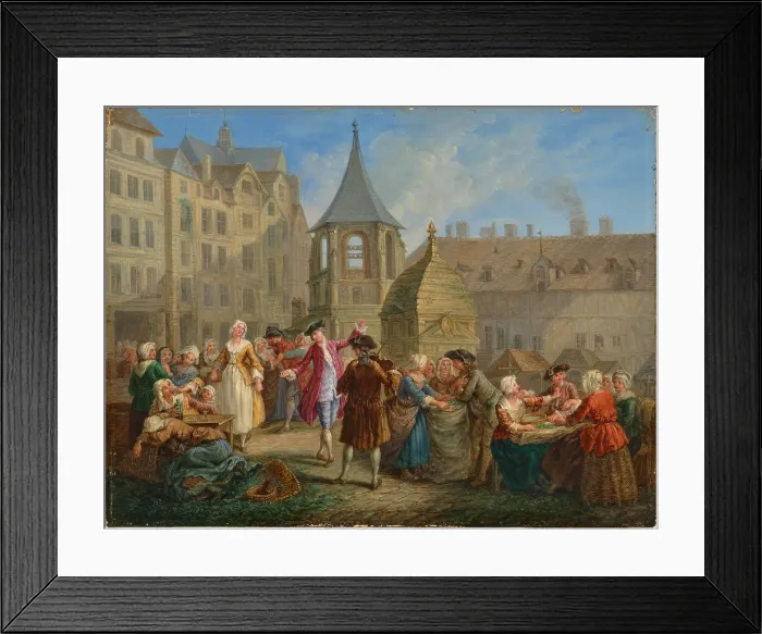 Framed Print : Parisian city scenes: a minuet by the French Garde and The pea sheller in the... Mid 18th cent. Creator: Jeaurat, Etienne (1699-1789) Framed Print : Parisian city scenes: a minuet by the French Garde and The pea sheller in the... Mid 18th cent. Creator: Jeaurat, Etienne (1699-1789)