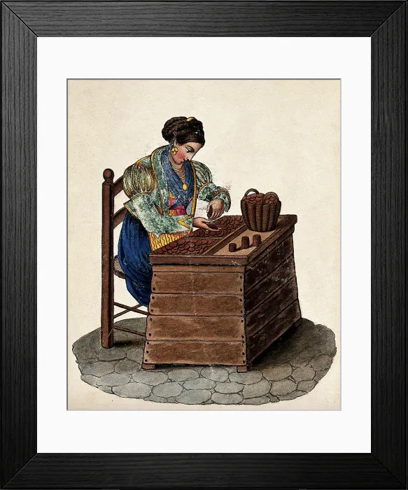 Framed Print : A woman sits at a wooden box counting money out of a basket onto a tray. Creator: Unknown
