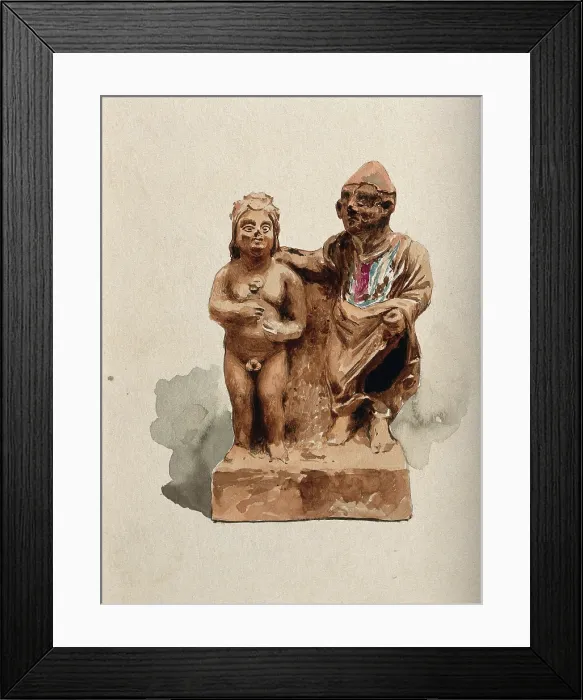 Framed Print : Clay figures, the right one clothed and placing his hand on the left one, who is naked... Creator: Unknown Framed Print : Clay figures, the right one clothed and placing his hand on the left one, who is naked... Creator: Unknown