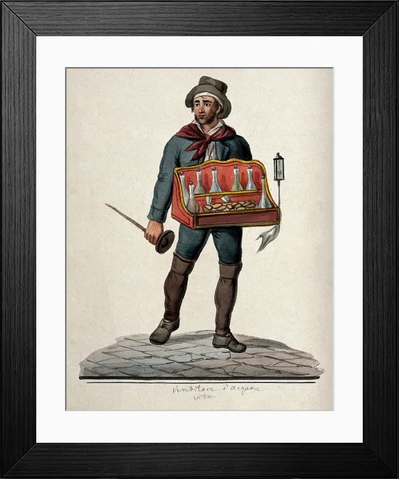 Framed Print : A street vendor of brandy is carrying a tray with bottles and glasses in it, 1800-1899. Creator: Unknown Framed Print : A street vendor of brandy is carrying a tray with bottles and glasses in it, 1800-1899. Creator: Unknown