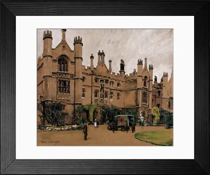 Framed Print : World War I: a neo-Gothic building used as a hospital, with an ambulance.. c1910s. Creator: Walter Ernest Spradbery Framed Print : World War I: a neo-Gothic building used as a hospital, with an ambulance.. c1910s. Creator: Walter Ernest Spradbery