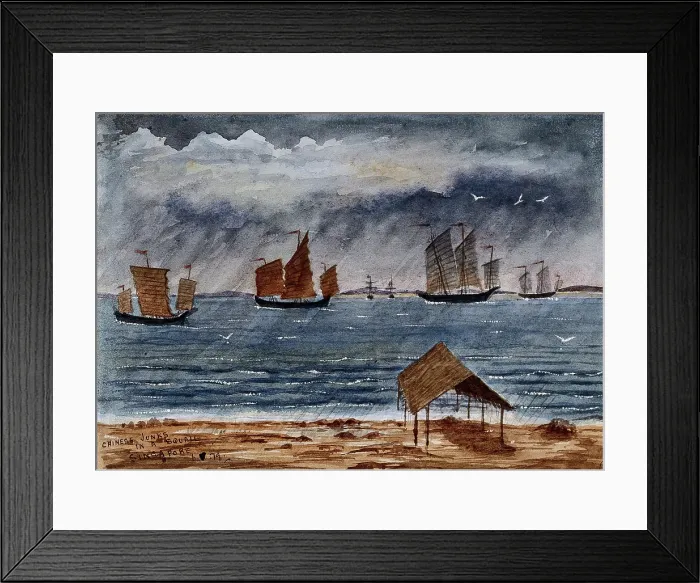 Framed Print : Singapore: Chinese junks in the rain at Tanjong Katong, 1879. Creator: John Edmund Taylor Framed Print : Singapore: Chinese junks in the rain at Tanjong Katong, 1879. Creator: John Edmund Taylor