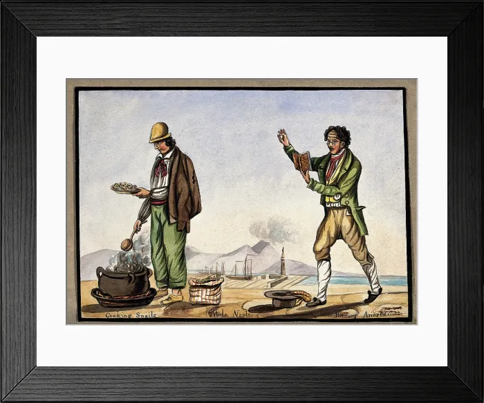 Framed Print : The dockside in Naples: a man is cooking snails in a pot over an open fire... 1800-1899. Creator: Unknown Framed Print : The dockside in Naples: a man is cooking snails in a pot over an open fire... 1800-1899. Creator: Unknown