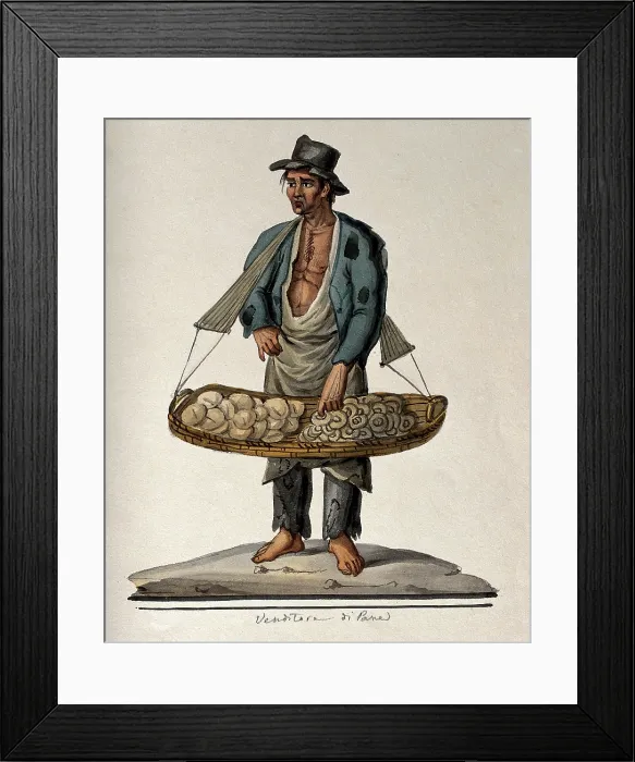 Framed Print : A man selling bread from a large basket hanging from his shoulders, 1800-1899. Creator: Unknown Framed Print : A man selling bread from a large basket hanging from his shoulders, 1800-1899. Creator: Unknown