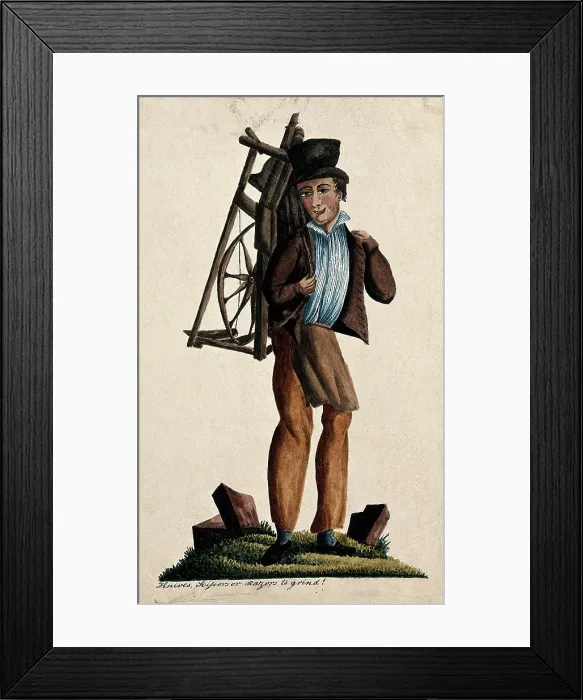 Framed Print : A man is carrying a knife grinder's wheel on his back. Creator: Unknown. A man is carrying a knife grinder's wheel on his back. Creator: Unknown Framed Print : A man is carrying a knife grinder's wheel on his back. Creator: Unknown. A man is carrying a knife grinder's wheel on his back. Creator: Unknown