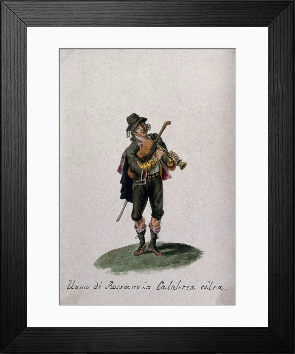 Framed Print : A man from Rossano in Calabria playing the bagpipes, 1800-1899. Creator: Unknown Framed Print : A man from Rossano in Calabria playing the bagpipes, 1800-1899. Creator: Unknown