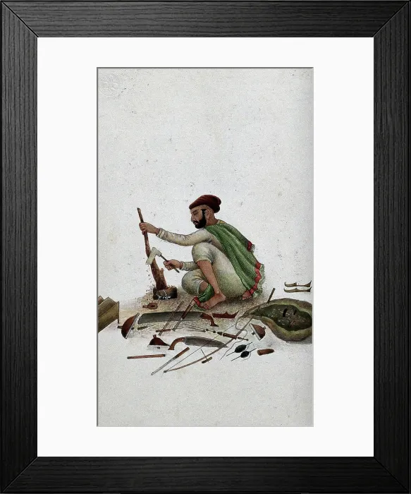 Framed Print : Delhi: a carpenter chipping at wood, (between 1800 and 1899?). Creator: Unknown Framed Print : Delhi: a carpenter chipping at wood, (between 1800 and 1899?). Creator: Unknown