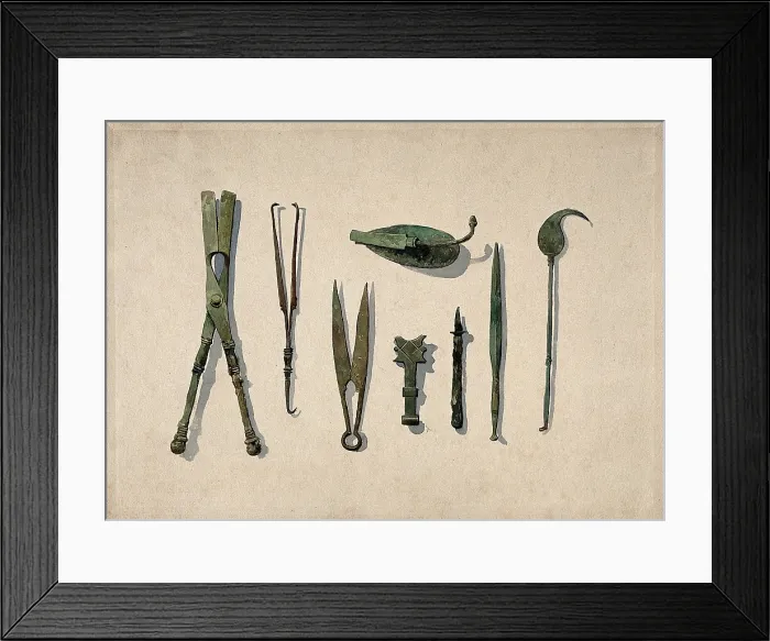Framed Print : Eight ancient Roman surgical instruments, 1850-1910. Creator: Unknown Framed Print : Eight ancient Roman surgical instruments, 1850-1910. Creator: Unknown