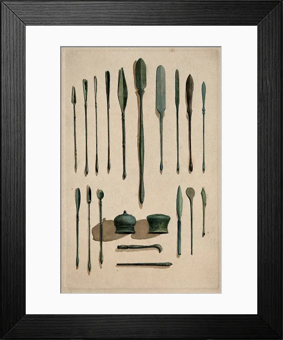 Framed Print : A selection of ancient Roman surgical instruments, 1850-1910. Creator: Unknown Framed Print : A selection of ancient Roman surgical instruments, 1850-1910. Creator: Unknown