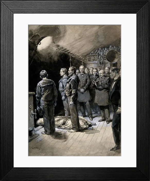 Framed Print : Boer War: a funeral on board a ship at night with officers and crew standing round the body, 1899. Creator: William T Maud Framed Print : Boer War: a funeral on board a ship at night with officers and crew standing round the body, 1899. Creator: William T Maud