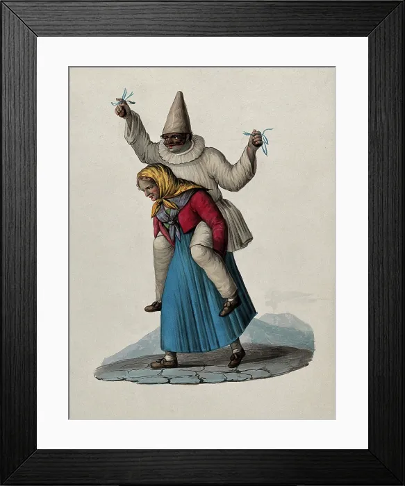 Framed Print : An old woman is carrying a masked pierrot on her shoulders. Creator: Unknown Framed Print : An old woman is carrying a masked pierrot on her shoulders. Creator: Unknown