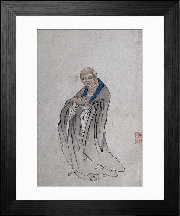 Framed Print : A Chinese man standing holding a long bowl with raised ends, (between 1800 and 1899?). Creator: Unknown Framed Print : A Chinese man standing holding a long bowl with raised ends, (between 1800 and 1899?). Creator: Unknown