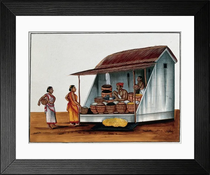 Framed Print : Two women at a shop selling grains and pulses, (between 1800 and 1899?). Creator: Unknown Framed Print : Two women at a shop selling grains and pulses, (between 1800 and 1899?). Creator: Unknown