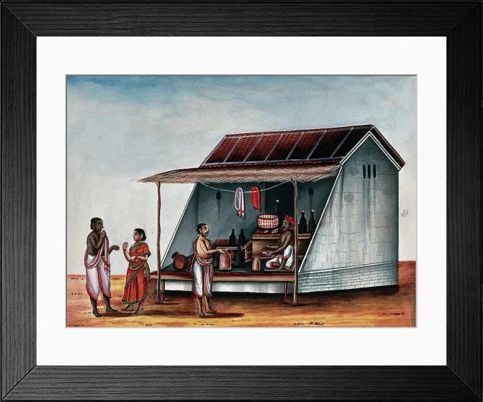 Framed Print : A man at a arrack (a strong alcoholic drink) shop, whilst a couple... (between 1800 and 1899?). Creator: Unknown Framed Print : A man at a arrack (a strong alcoholic drink) shop, whilst a couple... (between 1800 and 1899?). Creator: Unknown