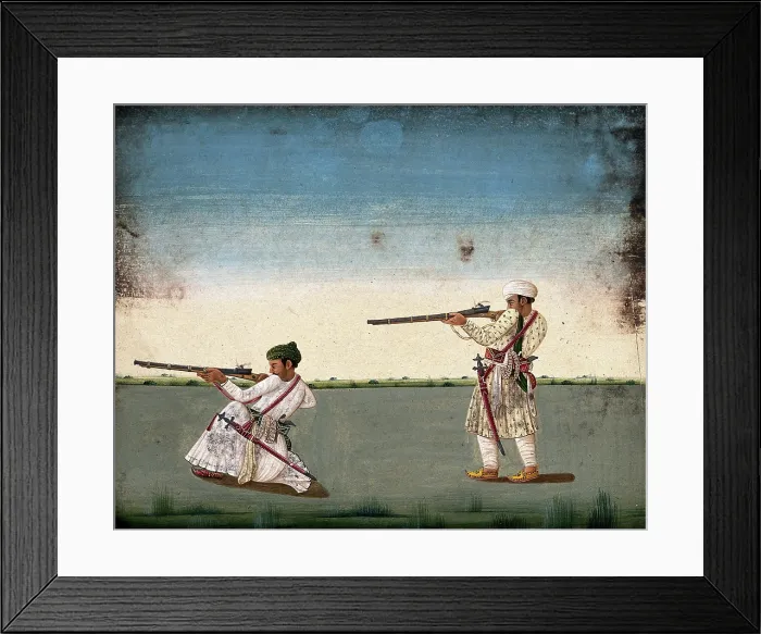 Framed Print : Two Indian soldiers (?) take aim and fire their rifles, (between 1800 and 1899?). Creator: Unknown Framed Print : Two Indian soldiers (?) take aim and fire their rifles, (between 1800 and 1899?). Creator: Unknown