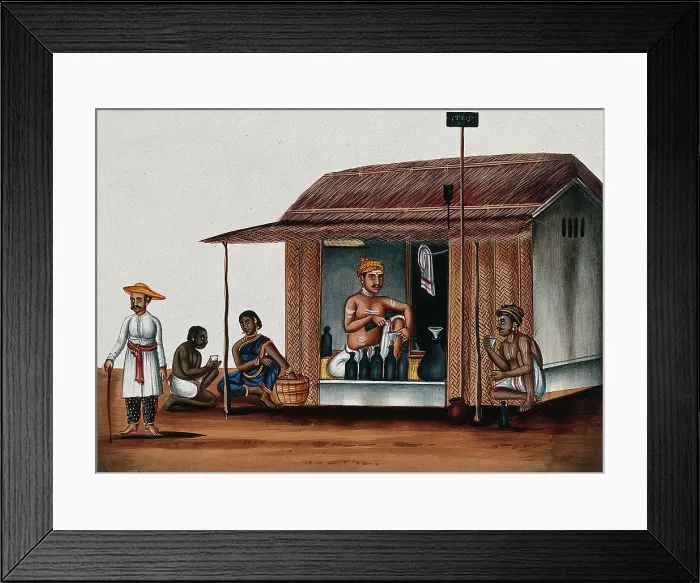Framed Print : A man seated in a arrack shop pours a drink, (between 1800 and 1899?). Creator: Unknown Framed Print : A man seated in a arrack shop pours a drink, (between 1800 and 1899?). Creator: Unknown