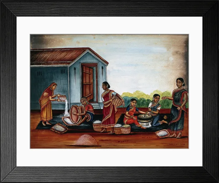 Framed Print : Women grinding and sieving grain into flour, (between 1800 and 1899?). Creator: Unknown Framed Print : Women grinding and sieving grain into flour, (between 1800 and 1899?). Creator: Unknown