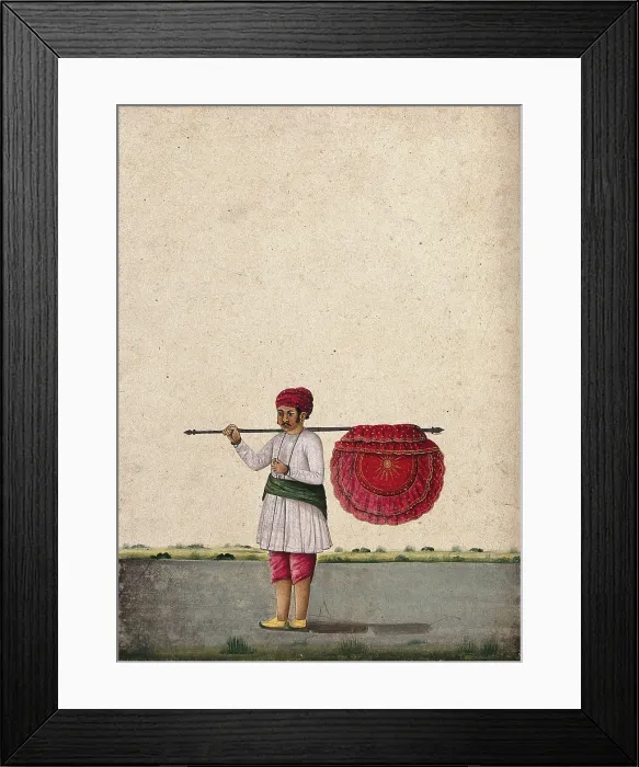 Framed Print : An Indian bearer holding a large, richly decorated fan or banner... (between 1800 and 1899?). Creator: Unknown Framed Print : An Indian bearer holding a large, richly decorated fan or banner... (between 1800 and 1899?). Creator: Unknown