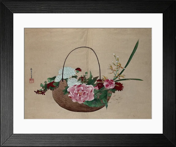 Framed Print : A basket of flowers, peonies, chrysanthemums and orchids. Creator: Unknown Framed Print : A basket of flowers, peonies, chrysanthemums and orchids. Creator: Unknown