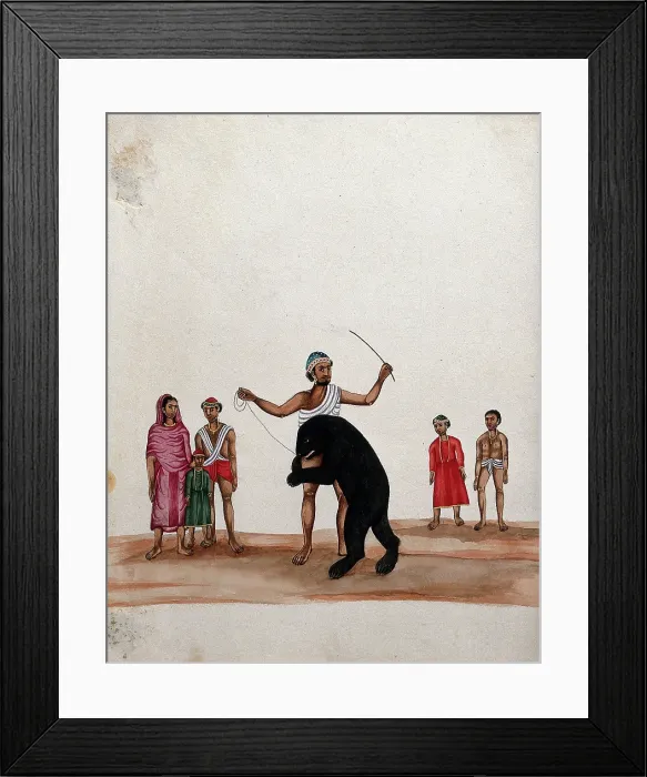 Framed Print : A man with his performing bear watched by a group of people, (between 1800 and 1899?). Creator: Unknown Framed Print : A man with his performing bear watched by a group of people, (between 1800 and 1899?). Creator: Unknown