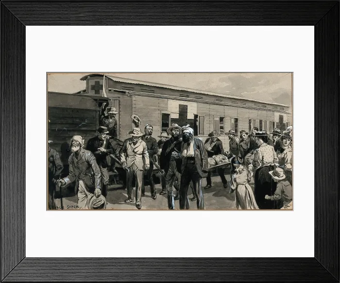Framed Print : Boer War: wounded Boers are getting off a train, and one is being carried on a stretcher, 1900. Creator: George Soper