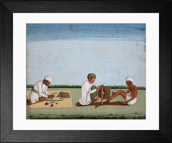 Framed Print : Two men sharpening a knife whilst the third prepares the blade on a sword, (between 1800 and 1899?). Creator: Unknown Framed Print : Two men sharpening a knife whilst the third prepares the blade on a sword, (between 1800 and 1899?). Creator: Unknown