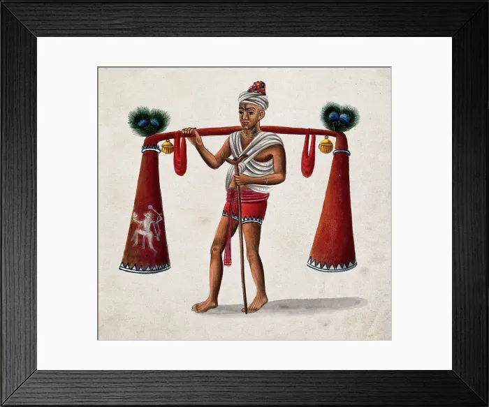 Framed Print : India: a man with a crutch carrying tubes decorated with bells and... (between 1800 and 1899?). Creator: Unknown Framed Print : India: a man with a crutch carrying tubes decorated with bells and... (between 1800 and 1899?). Creator: Unknown