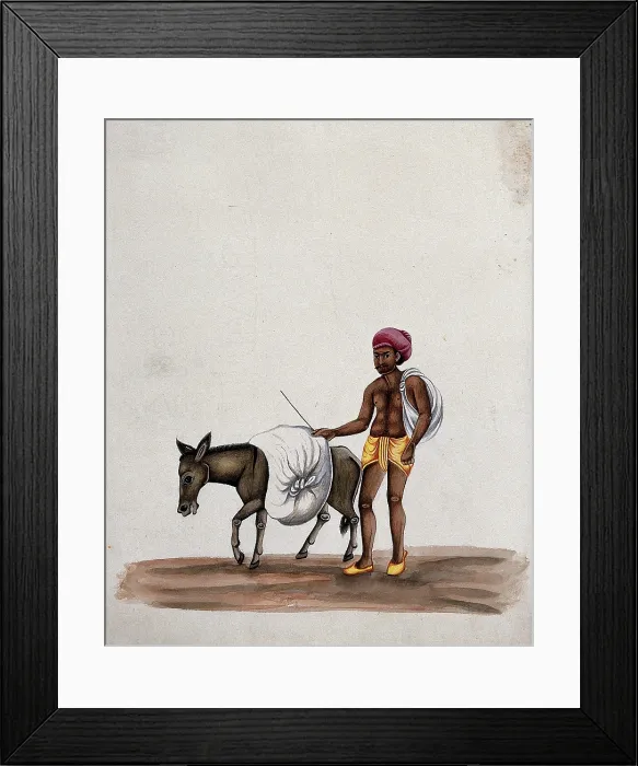 Framed Print : A man walking along with a donkey carrying a heavy load, (between 1800 and 1899?). Creator: Unknown Framed Print : A man walking along with a donkey carrying a heavy load, (between 1800 and 1899?). Creator: Unknown