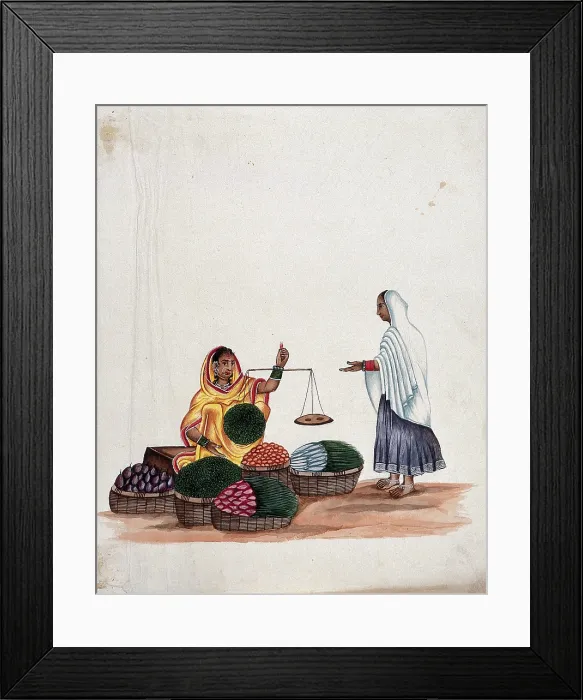 Framed Print : A woman weighing vegetables for a female customer, (between 1800 and 1899?). Creator: Unknown Framed Print : A woman weighing vegetables for a female customer, (between 1800 and 1899?). Creator: Unknown