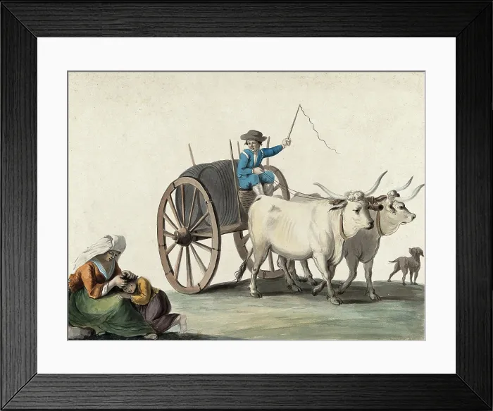 Framed Print : A man driving a cart pulled by two oxen; in the left foreground a woman picks fleas from a boy's hea Creator: Unknown. A man driving a cart pulled by two oxen; in the left foreground a woman picks fleas from a boy's hea Creator: Unknown Framed Print : A man driving a cart pulled by two oxen; in the left foreground a woman picks fleas from a boy's hea Creator: Unknown. A man driving a cart pulled by two oxen; in the left foreground a woman picks fleas from a boy's hea Creator: Unknown