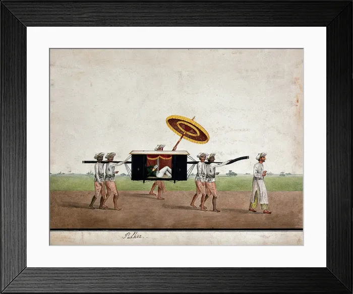 Framed Print : An European man relaxing and reading a book in a palkee carried by four men, (between 1800 & 1899?). Creator: Unknown Framed Print : An European man relaxing and reading a book in a palkee carried by four men, (between 1800 & 1899?). Creator: Unknown