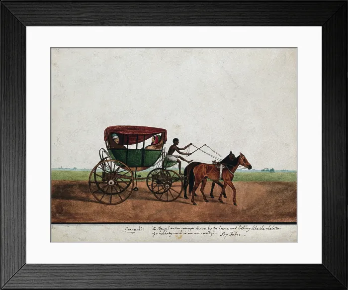 Framed Print : Four people travelling in a carriage drawn by two horses, (between 1800 and 1899?). Creator: Unknown Framed Print : Four people travelling in a carriage drawn by two horses, (between 1800 and 1899?). Creator: Unknown