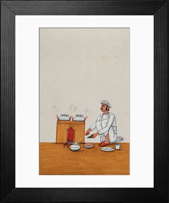 Framed Print : A servant serves food from a degchi (pot), while two other dishes are... (between 1800 and 1899?). Creator: Unknown Framed Print : A servant serves food from a degchi (pot), while two other dishes are... (between 1800 and 1899?). Creator: Unknown