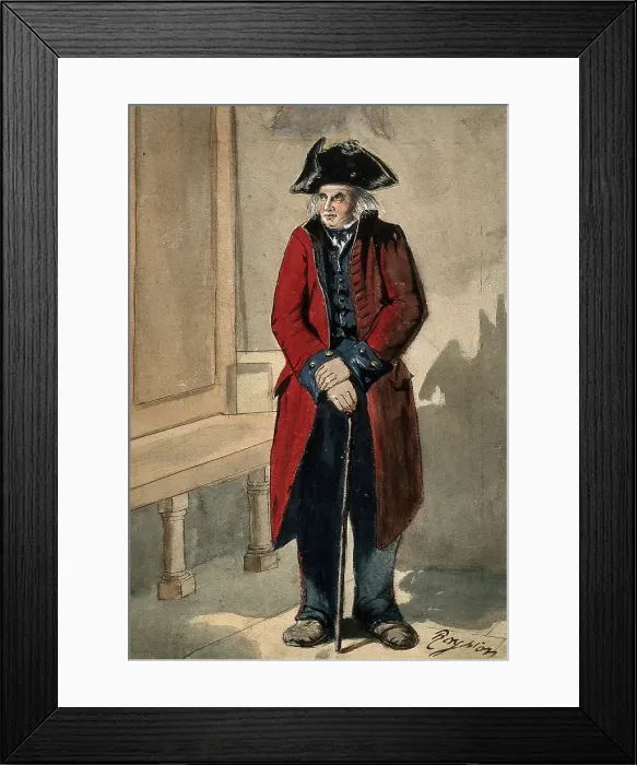 Framed Print : A Chelsea Pensioner standing in the hall at the Royal Hospital, leaning on his stick, c1680s.. Creator: Sir Christopher Wren Framed Print : A Chelsea Pensioner standing in the hall at the Royal Hospital, leaning on his stick, c1680s.. Creator: Sir Christopher Wren