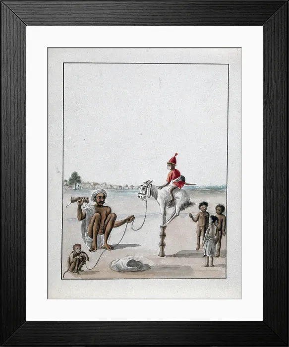 Framed Print : A man conducting a monkey show on the street, watched by some children, (between 1800 and 1899?). Creator: Unknown Framed Print : A man conducting a monkey show on the street, watched by some children, (between 1800 and 1899?). Creator: Unknown