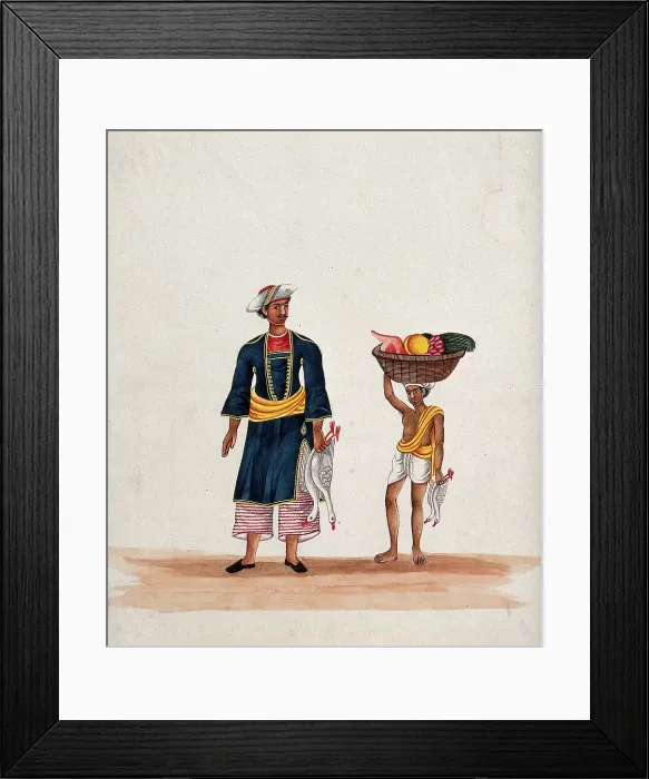 Framed Print : A man carrying two ducks followed by a servant carrying a basket of fruit, (between 1800 and 1899?). Creator: Unknown Framed Print : A man carrying two ducks followed by a servant carrying a basket of fruit, (between 1800 and 1899?). Creator: Unknown