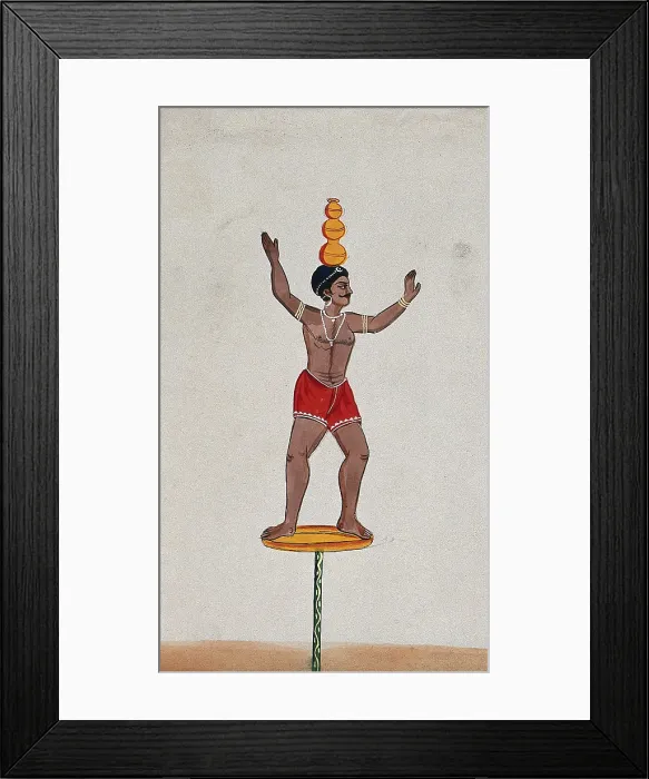 Framed Print : A street performer standing on a disc balancing three pots on his head, (between 1800 and 1899?). Creator: Unknown