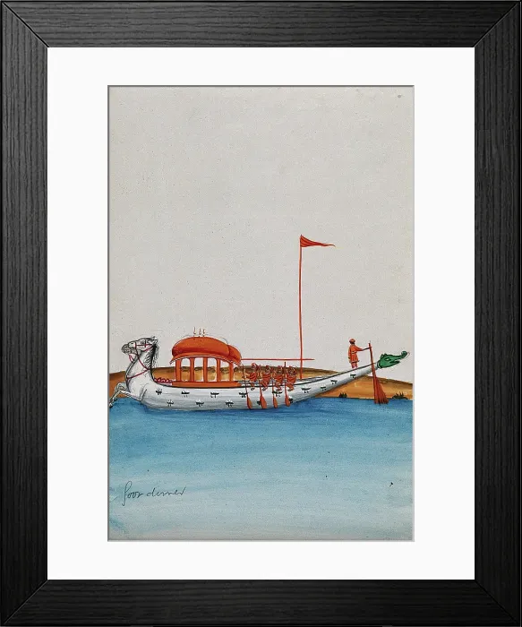 Framed Print : Four men row a long boat with a domed canopy, shaped as two horses in... (between 1800 and 1899?). Creator: Unknown Framed Print : Four men row a long boat with a domed canopy, shaped as two horses in... (between 1800 and 1899?). Creator: Unknown