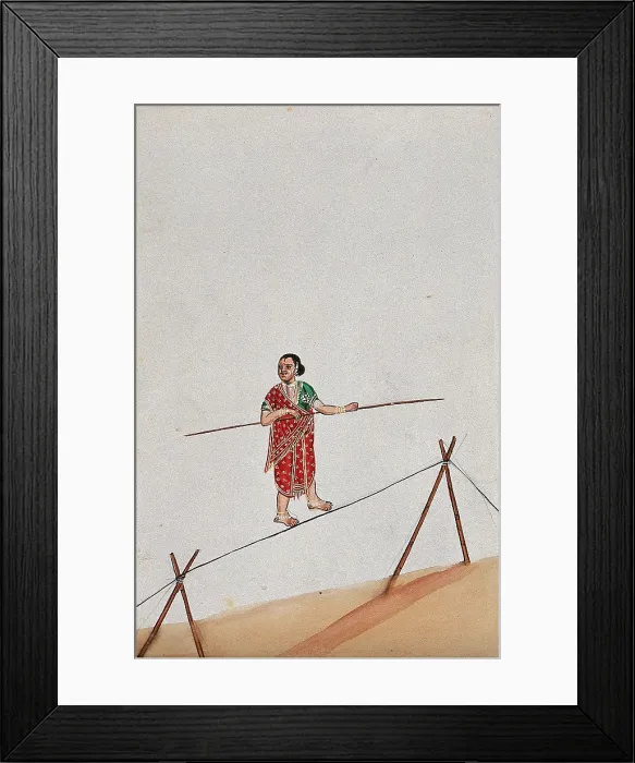 Framed Print : A woman acrobat holding a long stick and walking the tight rope, (between 1800 and 1899?). Creator: Unknown Framed Print : A woman acrobat holding a long stick and walking the tight rope, (between 1800 and 1899?). Creator: Unknown