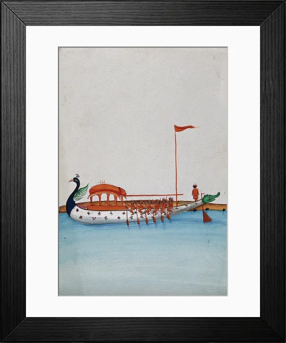 Framed Print : Six men row a long boat with a domed canopy, shaped as a peacock in the... (between 1800 and 1899?). Creator: Unknown Framed Print : Six men row a long boat with a domed canopy, shaped as a peacock in the... (between 1800 and 1899?). Creator: Unknown