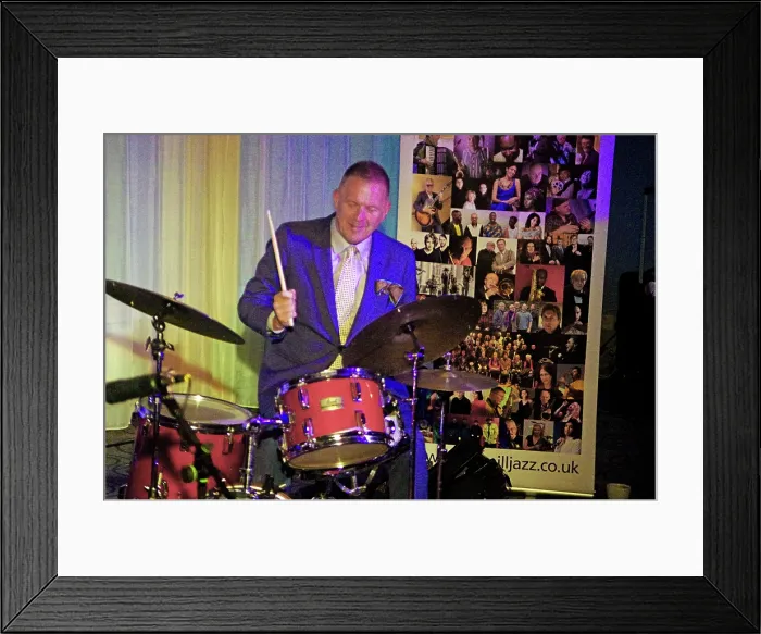 Framed Print : Joe Farnsworth, Joe Farnsworth-Sara Hanahan Quartet, Watermill Jazz Club, Dorking, Surrey, 2024. Creator: Brian O'Connor. Joe Farnsworth, Joe Farnsworth-Sara Hanahan Quartet, Watermill Jazz Club, Dorking, Surrey, 2024. Creator: Brian O'Connor