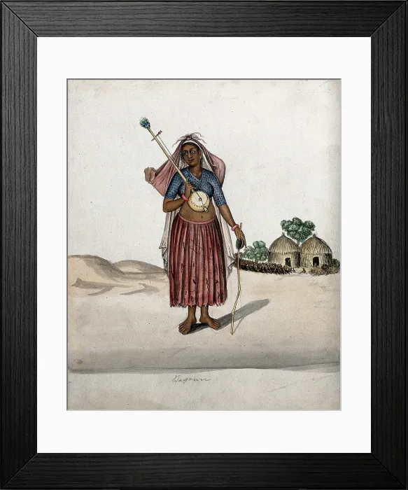 Framed Print : A village woman carrying a musical instrument in one hand, a stick with... (between 1800 and 1899?) Creator: Unknown Framed Print : A village woman carrying a musical instrument in one hand, a stick with... (between 1800 and 1899?) Creator: Unknown
