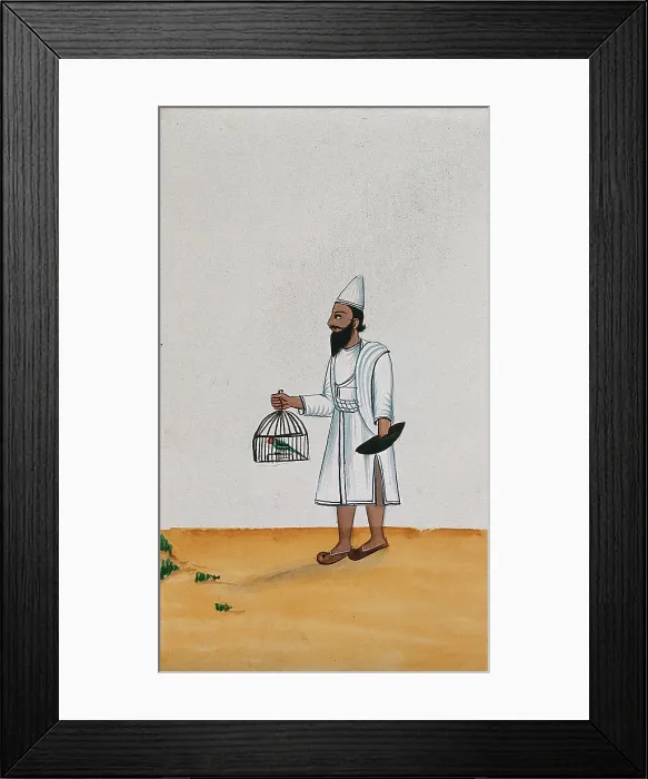 Framed Print : A servant holds a parrot in a cage with one hand while the other is... (between 1800 and 1899?). Creator: Unknown Framed Print : A servant holds a parrot in a cage with one hand while the other is... (between 1800 and 1899?). Creator: Unknown