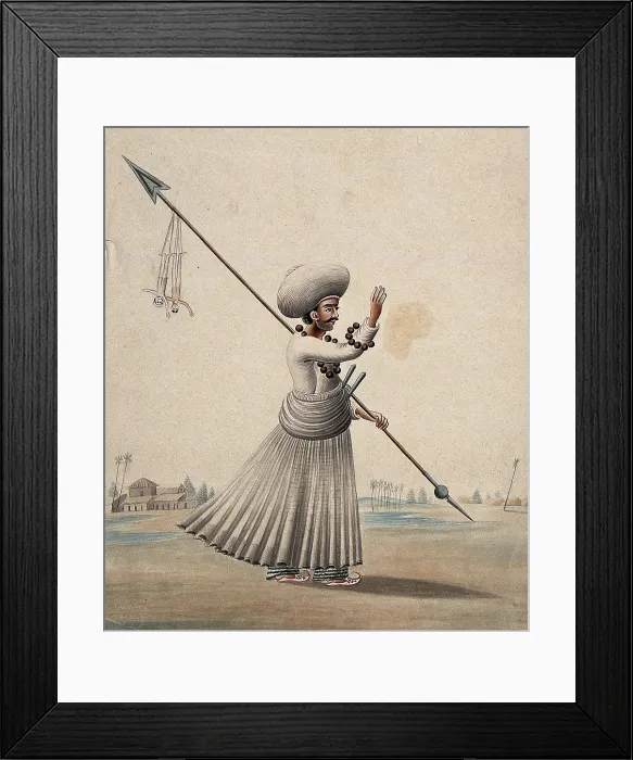 Framed Print : A man holding a long arrow with two puppets (?) hanging from it, (between 1800 and 1899?). Creator: Unknown Framed Print : A man holding a long arrow with two puppets (?) hanging from it, (between 1800 and 1899?). Creator: Unknown