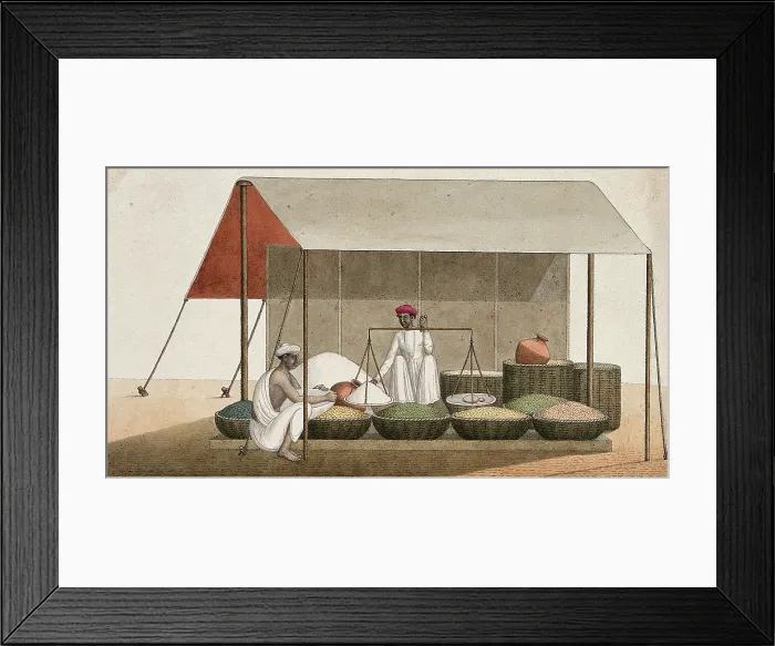 Framed Print : A shopkeeping weighing grains for a customer, (between 1800 and 1899?). Creator: Unknown Framed Print : A shopkeeping weighing grains for a customer, (between 1800 and 1899?). Creator: Unknown
