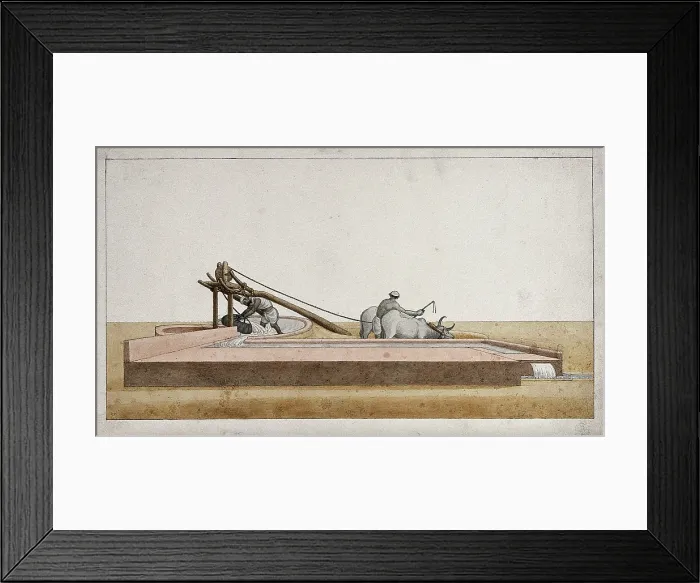Framed Print : Two men drawing water from a well to channel into the fields, (between 1800 and 1899?). Creator: Unknown Framed Print : Two men drawing water from a well to channel into the fields, (between 1800 and 1899?). Creator: Unknown